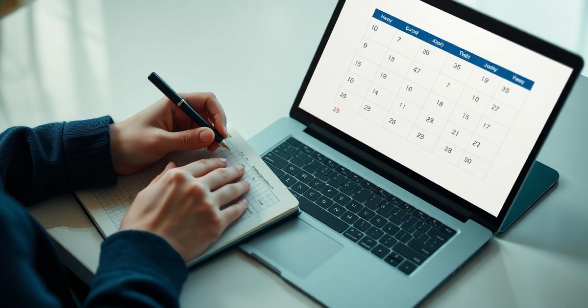 Pessoa escrevendo metas financeiras em um caderno ao lado de notebook com calendário anual