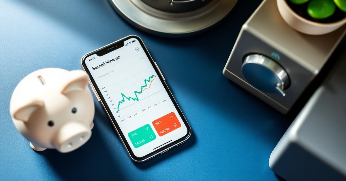 Celular com gráfico de aplicação ao lado de cofrinho e cofre