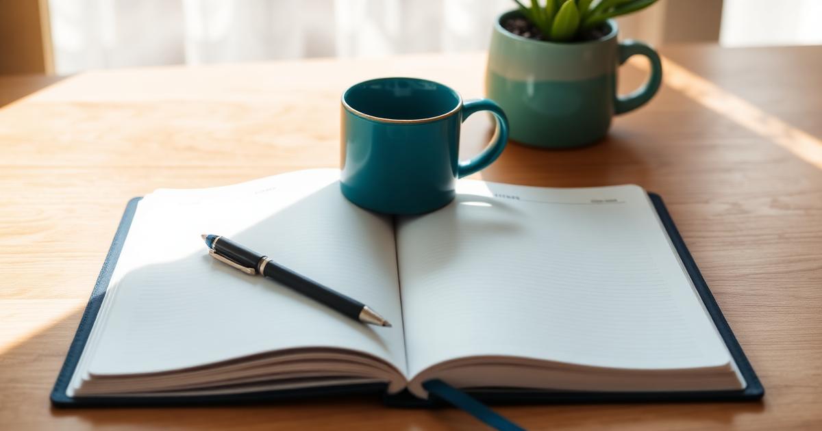 Planner aberto com caneta e caneca sobre mesa de madeira iluminada pelo sol